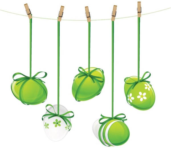 Free Vector White And Green Easter Eggs Hanging With Ribbon