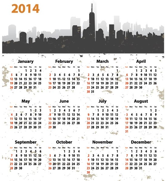 免費 vector14 日曆範本在標題剪影城市