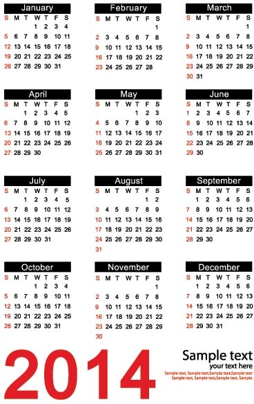 vector14 gratis kalender template dengan label hitam