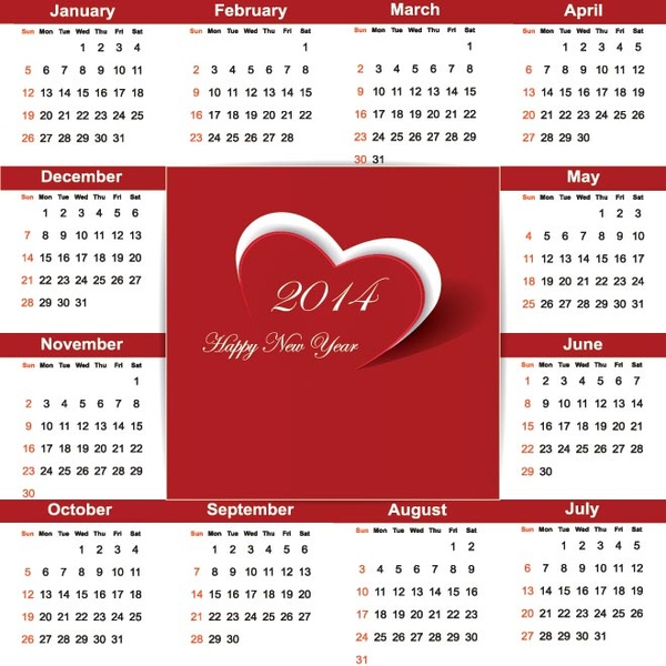 gratis vector14 tahun baru jantung cinta kalender template