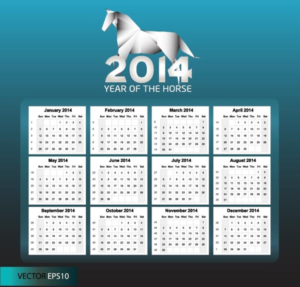 gratis vector14 anno del cavallo calendario