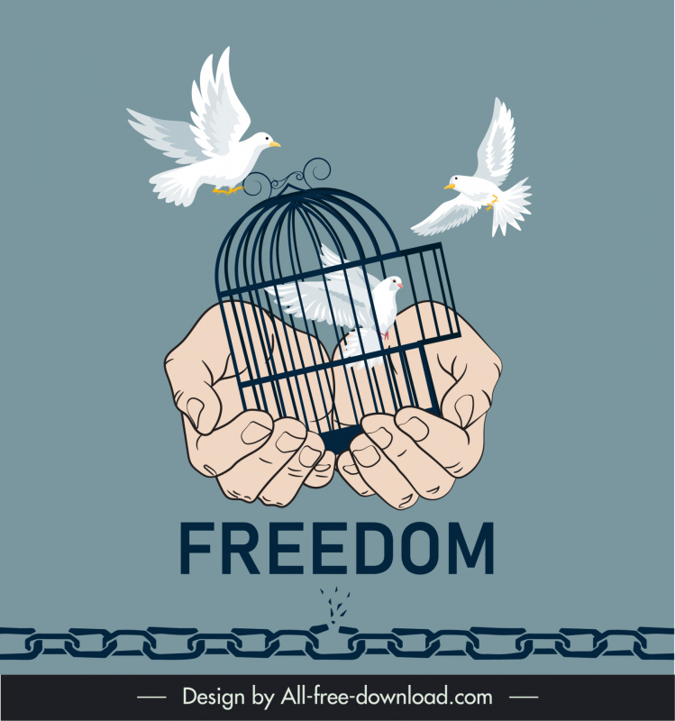 özgürlük poster şablonu uçan güvercinler kuş kafesi el ele tutuşarak eskiz