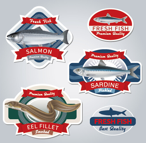vector de diseño de etiquetas de pescado fresco
