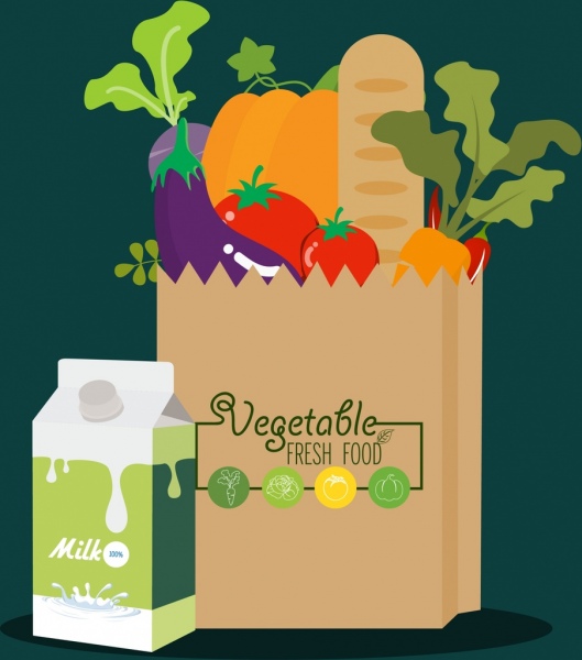 l'annonce de légumes aliments frais lait sac boîte icônes