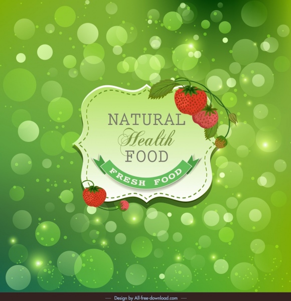 Banner de publicidade de alimentos frescos verde bokeh decoração de morango
