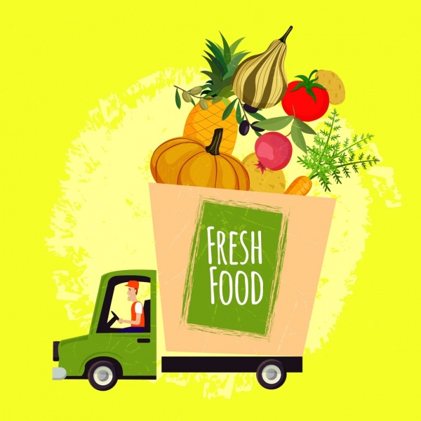 新鲜食品广告卡车水果图标装饰