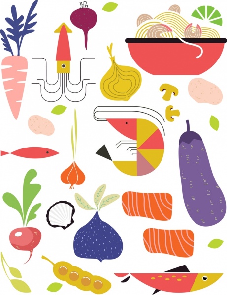 fundo de alimentos frescos ícones de frutos do mar vegetais coloridos plana