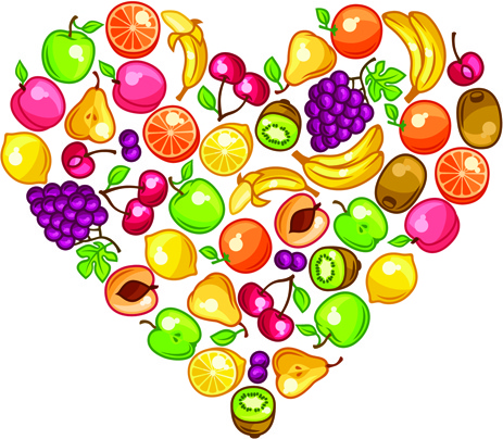 심장 벡터와 신선한 과일
