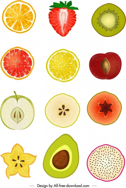 新鮮な果物のアイコンスライスされたデザインは、フラット手描きの色