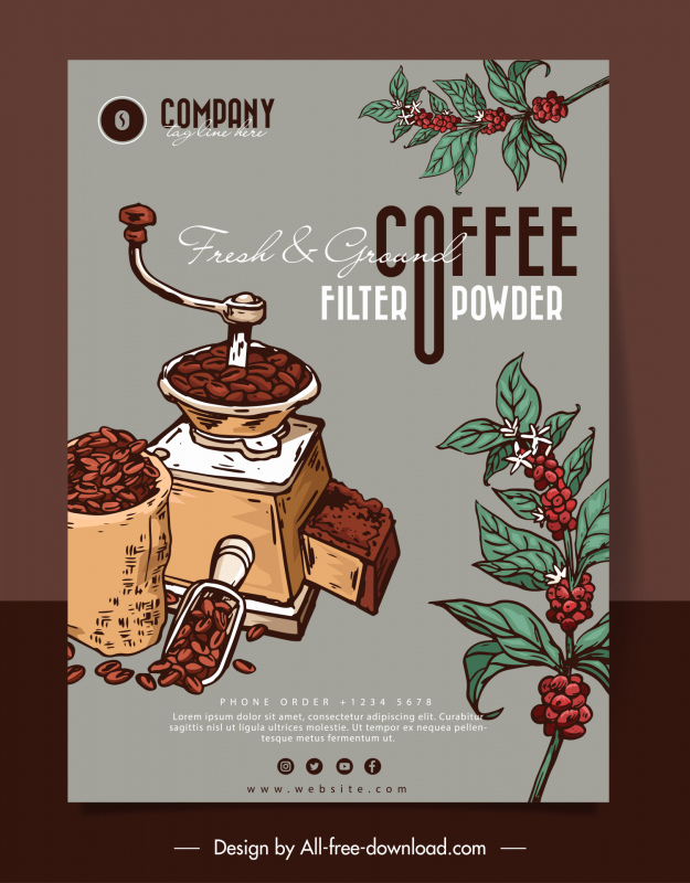 Filtro de café molido fresco Banner publicitario Dibujado a mano Boceto clásico