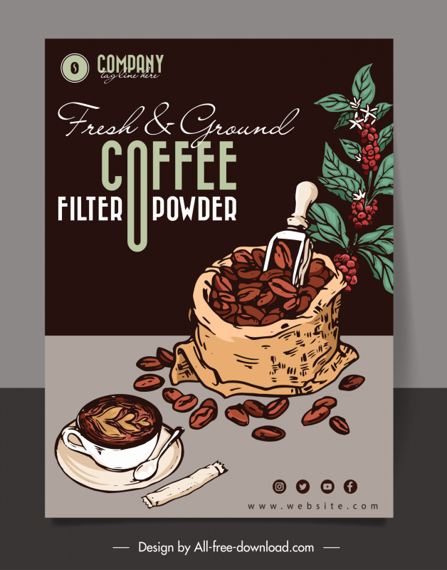 Poudre de café filtre fraîchement moulu bannière publicitaire dessiné à la main design rétro