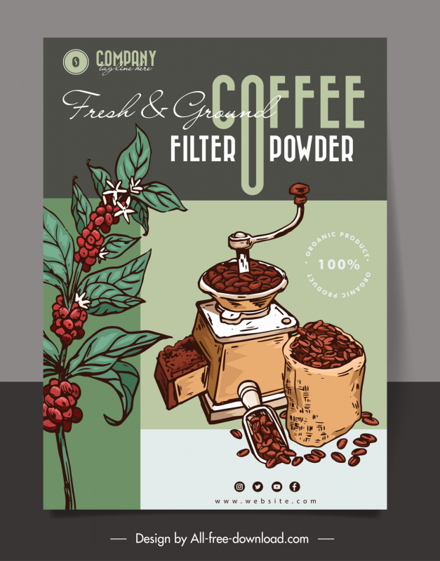 新鮮な地面フィルターコーヒーパウダー広告ポスター古典的な手描きの豆の花ツールスケッチ