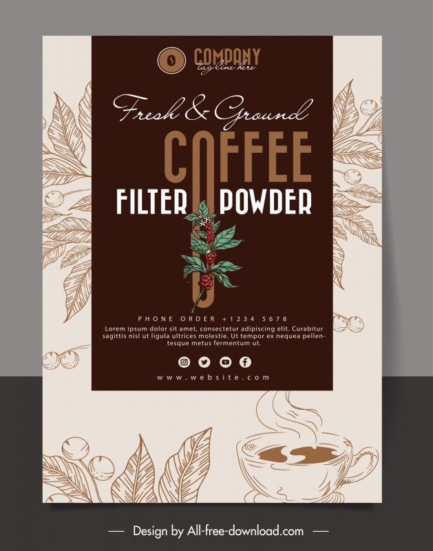 新鮮な地面フィルターコーヒーパウダーバナー手描きの葉カップエレガントレトロデザイン