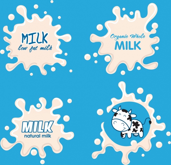 iconos de vaca líquido salpicado de elementos de diseño de leche fresca