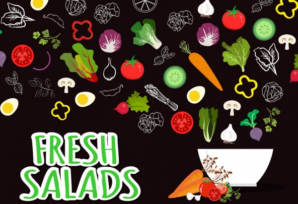 anúncio de salada fresca, que tigela de legumes diversos ícones