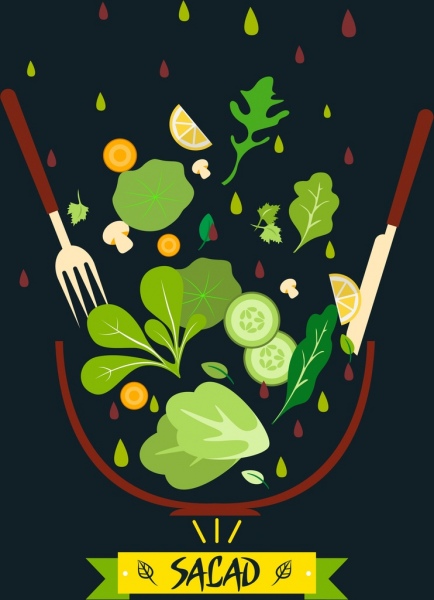 insalata fresca ortaggi icone sfondo oscuro disegno