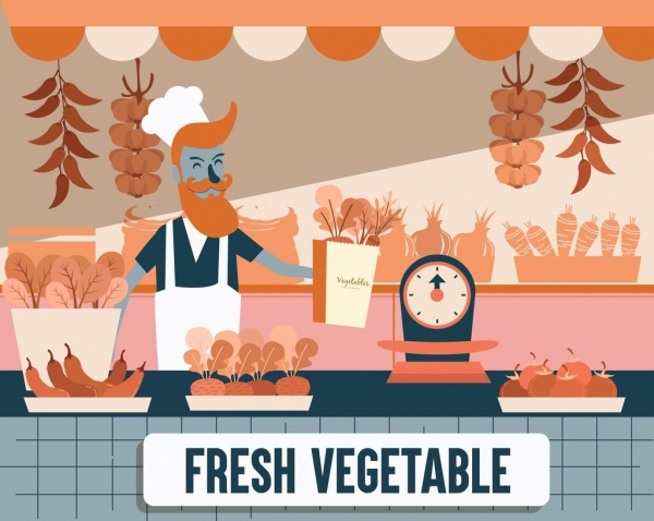 新鮮蔬菜店畫彩色卡通素描