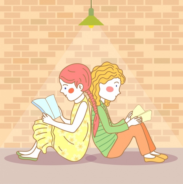 amigos chicas leyendo libros iconos dibujos animados diseño de fondo