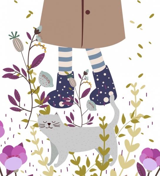 jambes de jeune fille fond amitié chat décoration fleurs icônes