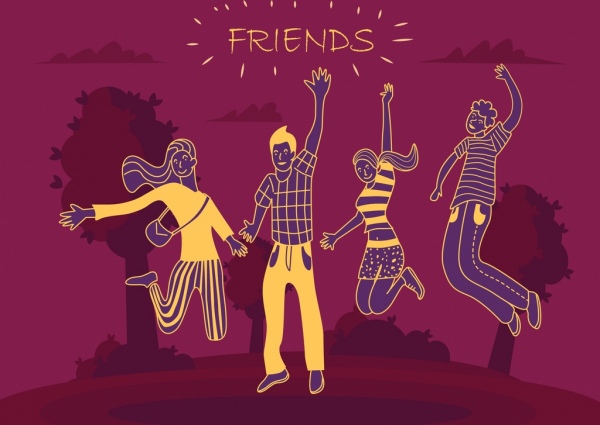 ícones de povo alegre de fundo amizade silhouette sketch handdrawn