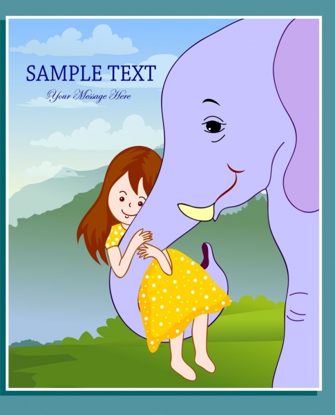 amicizia - bambina elefante icone colorate di cartone
