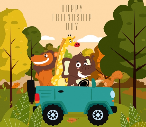 dia da amizade banner carro animais ícones design dos desenhos animados