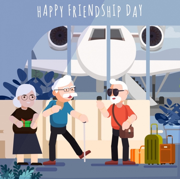 Journée de l’amitié bannière personnes âgées bagages avion icônes