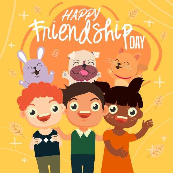 amistad día cartel niños mascotas los iconos dibujos animados diseño