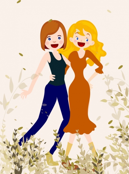 女性友誼繪製彩色卡通設計圖標
