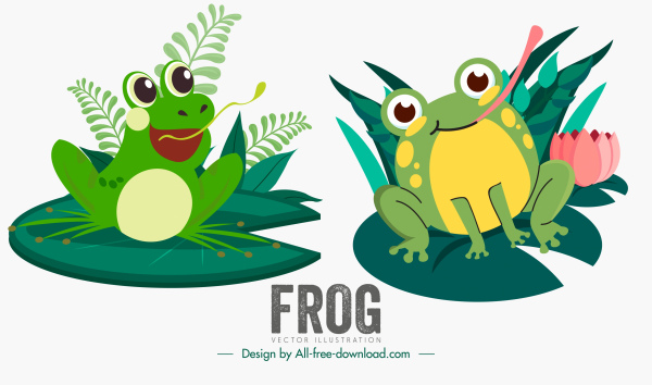 Frosch Icons niedliche Zeichentrickfiguren Skizze