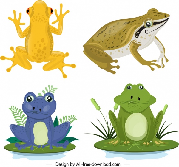 rana animali selvatici icone imposta schizzo colorato cartone animato