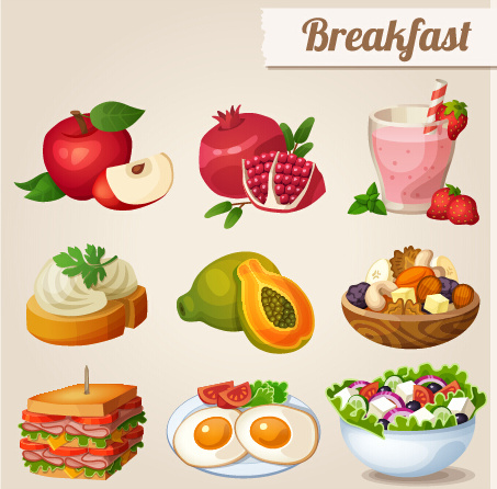 frutas e café da manhã design icons vector