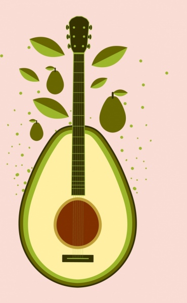 خلفية خضراء فاكهة الأفوكادو جيتار الايقونات