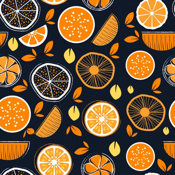 sull'icona fette di frutta sfondo arancione handdrawn piatto schizzo