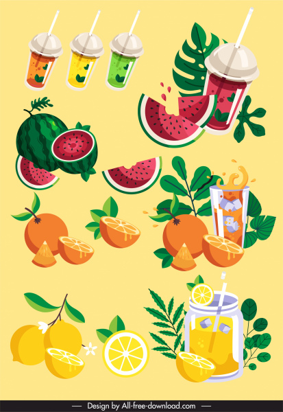 meyve içecekler tasarım elemanları renkli dinamik kroki