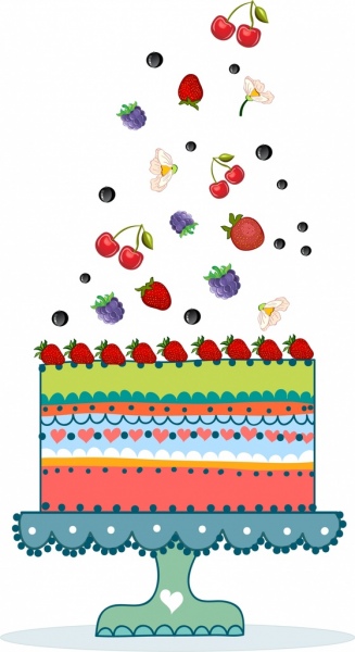 Meyveli kek arka plan düşen simgeler renkli düz tasarım