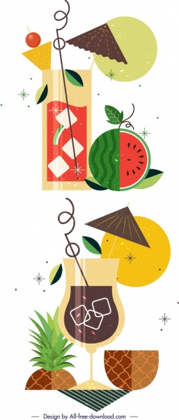 Template latar belakang koktail buah dekorasi ikon nanas semangka