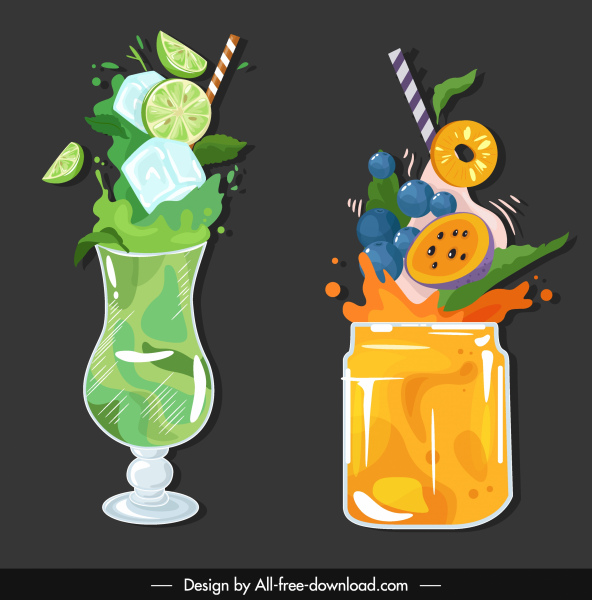 biểu tượng cocktail trái cây đầy màu sắc cổ điển năng động phác họa