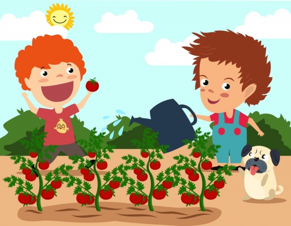 ícones de crianças tema tomate árvores de fruticultura