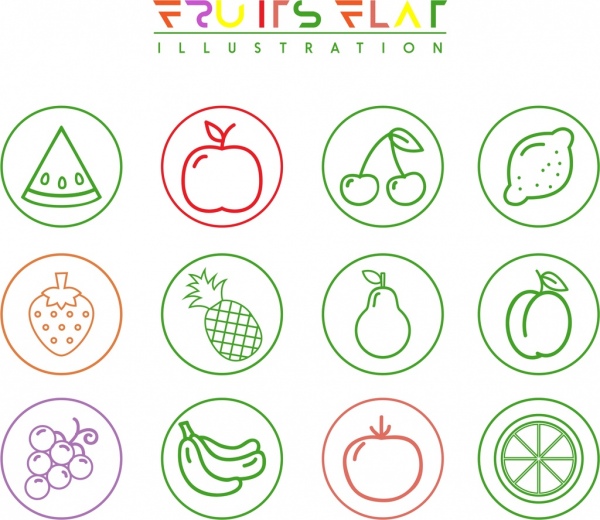 isolamento de ícones de fruta que esboçar vários símbolos planos