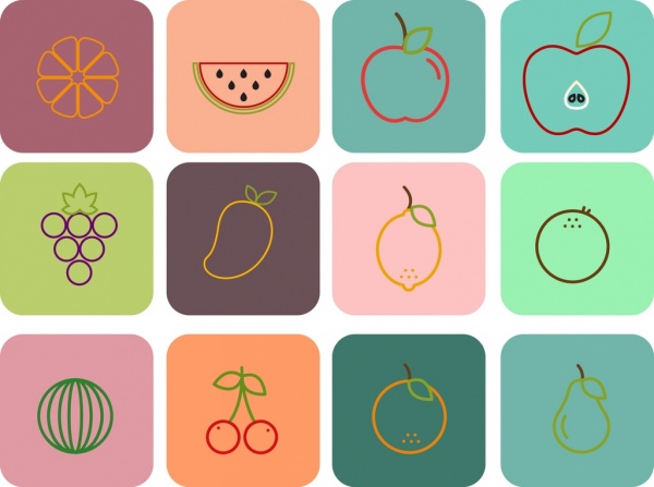 schema di colore piatto di frutta icone isolamento