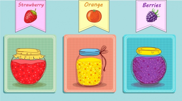 Tarro de mermelada de frutas handdrawn iconos iconos de colores Diseño