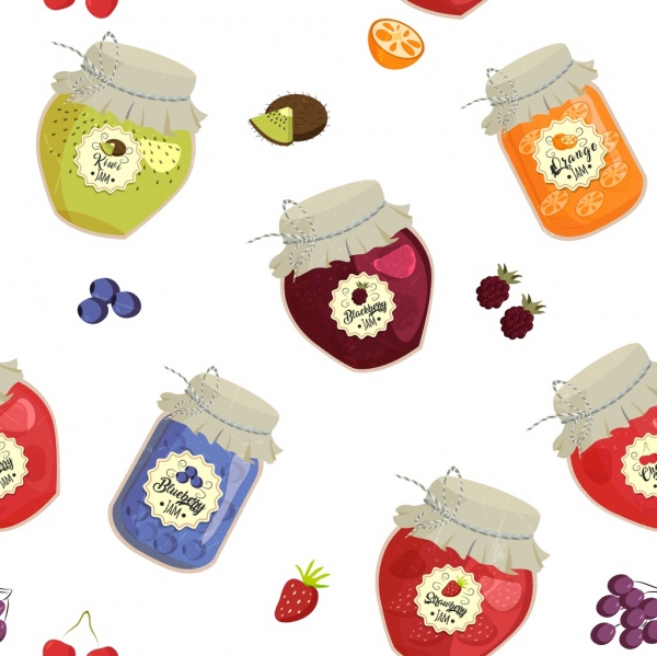 potes de compota de fruta fundo ícones do frasco de vidro multicolorido
