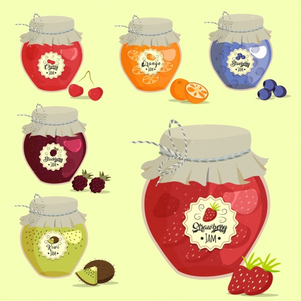 marmellata di frutta vasi icone isolamento vari design multicolore