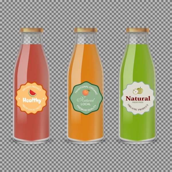 عصير الفاكهة زجاجة الإعلان تصميم أيقونات متعددة الالوان