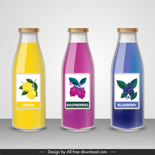 modelos de garrafa de suco de fruta brilhante esboço plano colorido