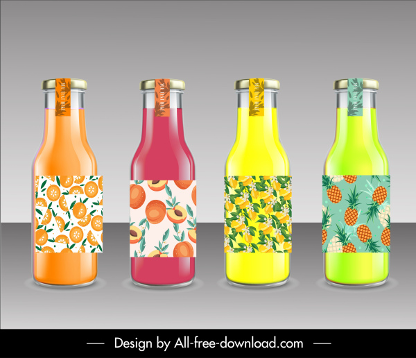 modelos de garrafas de suco de frutas moderno esboço colorido brilhante