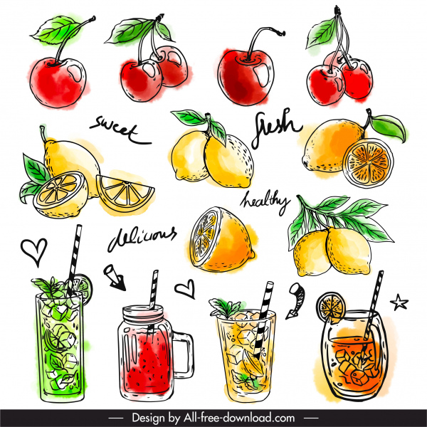 elementos de design suco de fruta colorido esboço clássico desenhado à mão