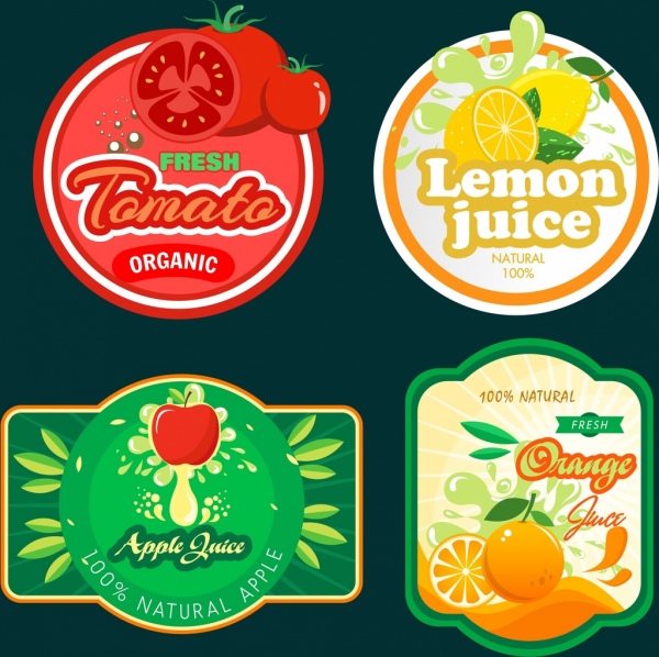 les étiquettes de pommes tomates jus de fruits citron orange icônes