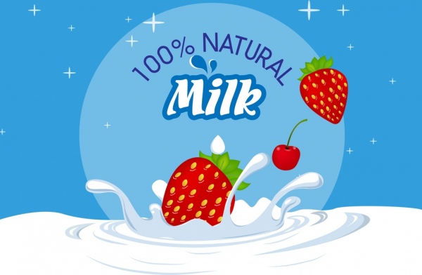 fruits lait publicité éclaboussures liquides icônes aux fraises décor